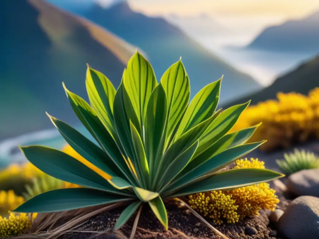 Detalles vibrantes de una planta de kiwicha en el paisaje andino, destacando los beneficios de incluir kiwicha en la dieta