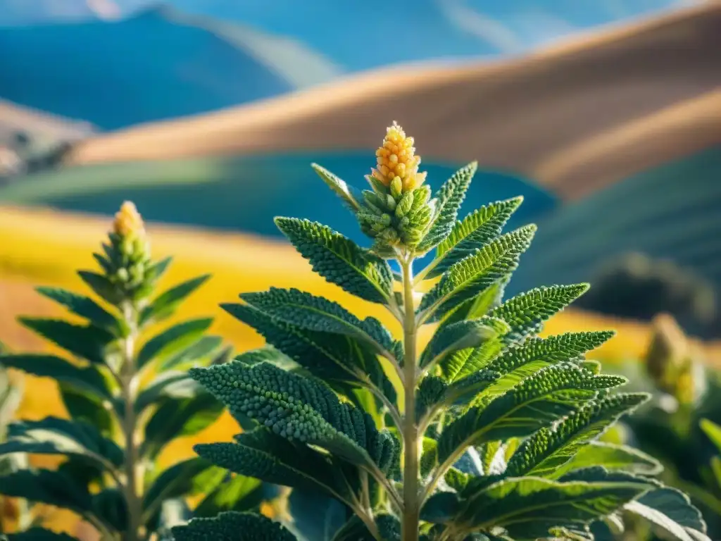 Detalles vibrantes de una planta de quinua recién cosechada en un campo peruano soleado