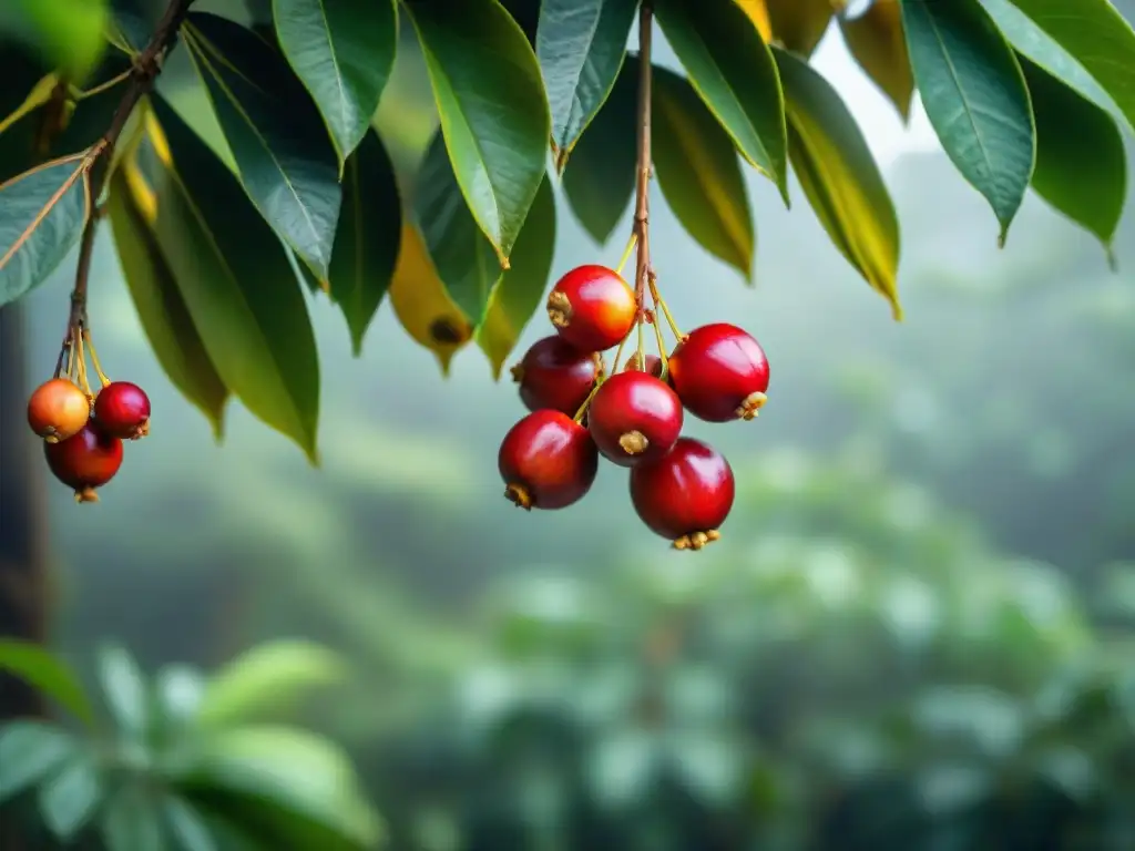 Detalles vibrantes de camu camu rojo en la exuberante selva amazónica