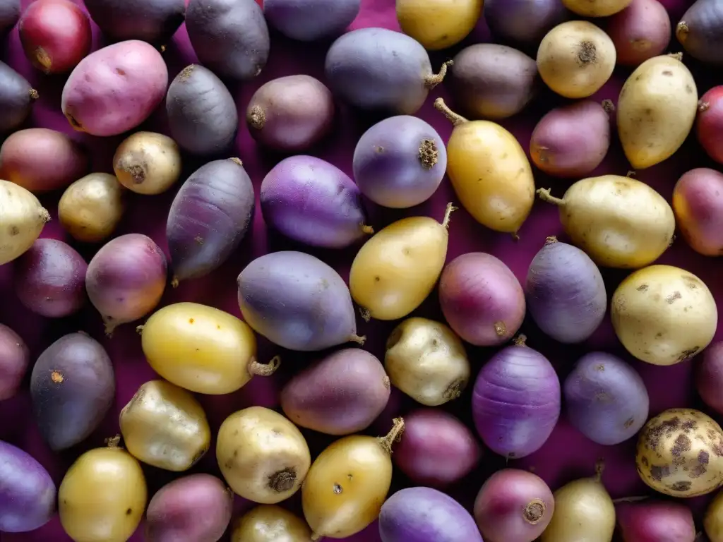 Detalles vibrantes de tubérculos púrpuras, papas doradas y granos de kiwicha en peligro, en cocina peruana con texturas detalladas