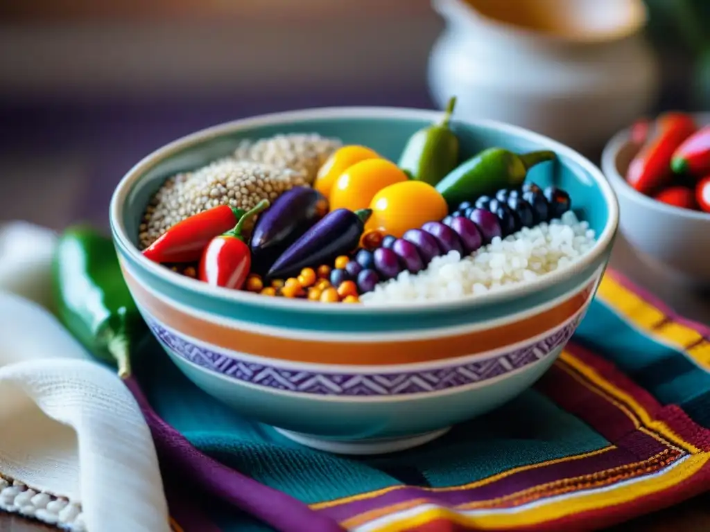 Detalles de una vistosa decoración temática gastronomía peruana con cuenco de cerámica y ingredientes nativos coloridos