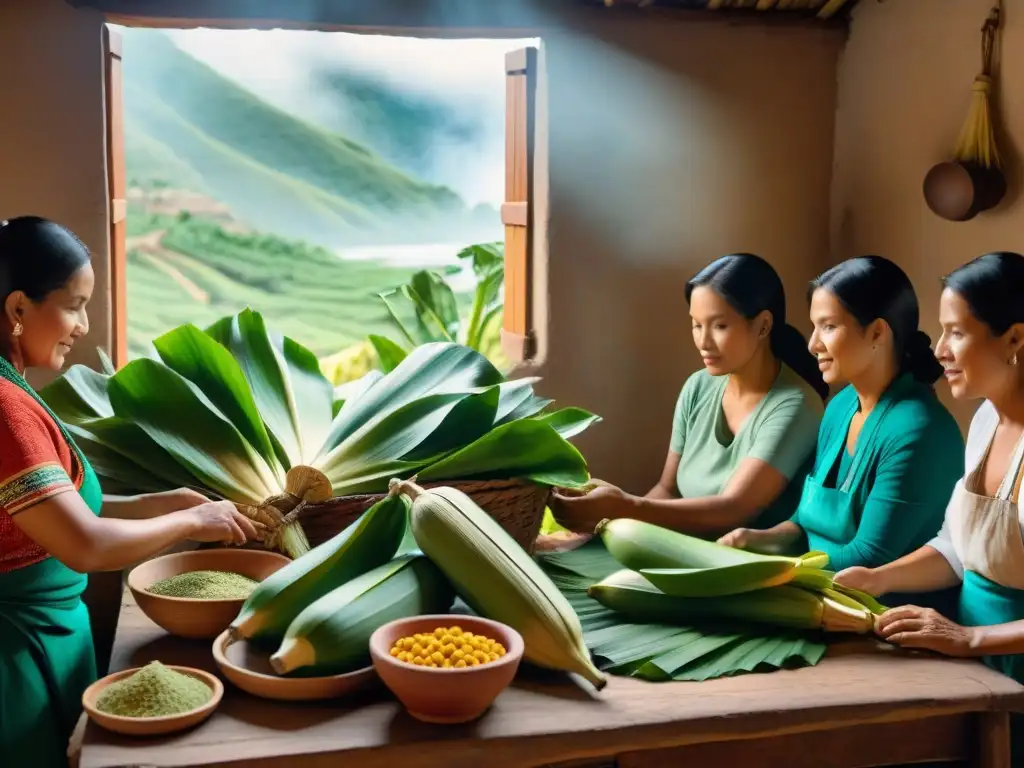 Un día soleado en una cocina peruana tradicional donde mujeres preparan tamales verdes, rodeadas de ingredientes y tradición