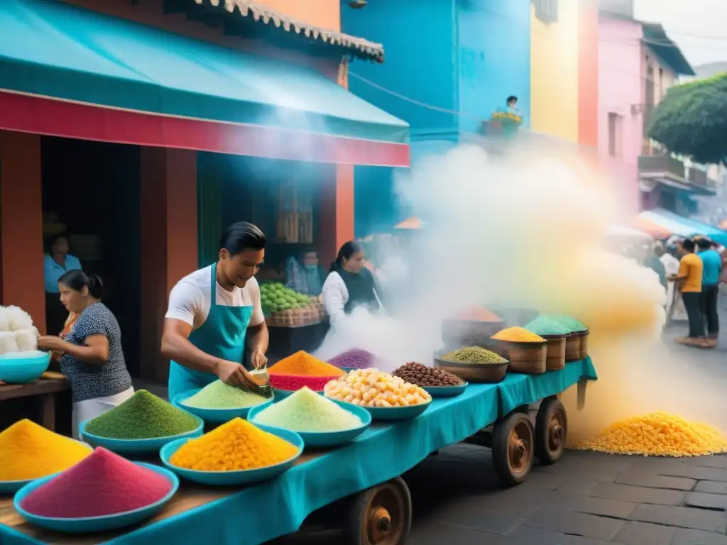 Un día tropical en Lima, Perú, con una vibrante escena callejera de la preparación de cremoladas peruanas