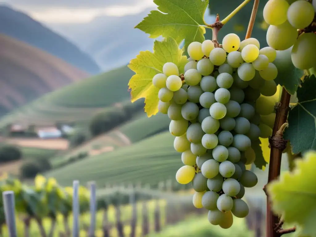 Diferencias entre piscos aromáticos y no aromáticos: detalle de uvas en viñedo con paisaje andino al fondo