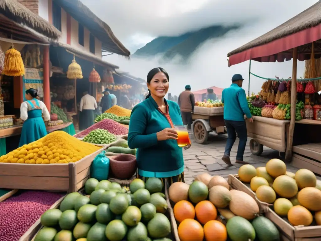 Explora la diversidad culinaria con bebidas regionales en un mercado peruano vibrante