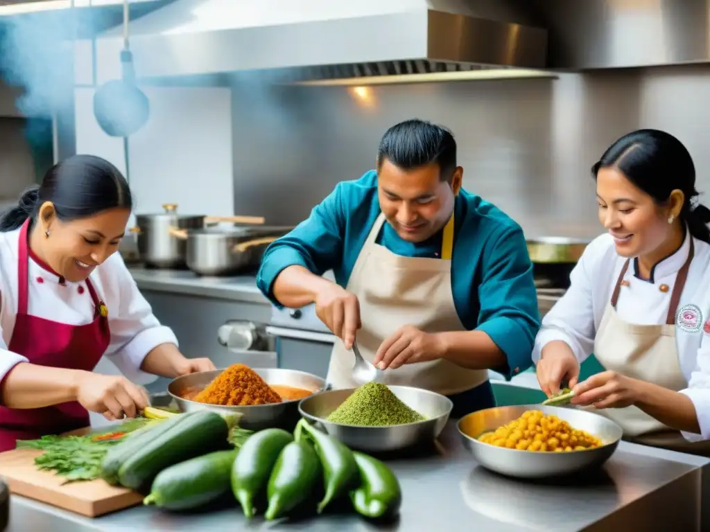 Inclusión social y diversidad en la gastronomía peruana: Chefs peruanos preparando platos auténticos en cocina bulliciosa