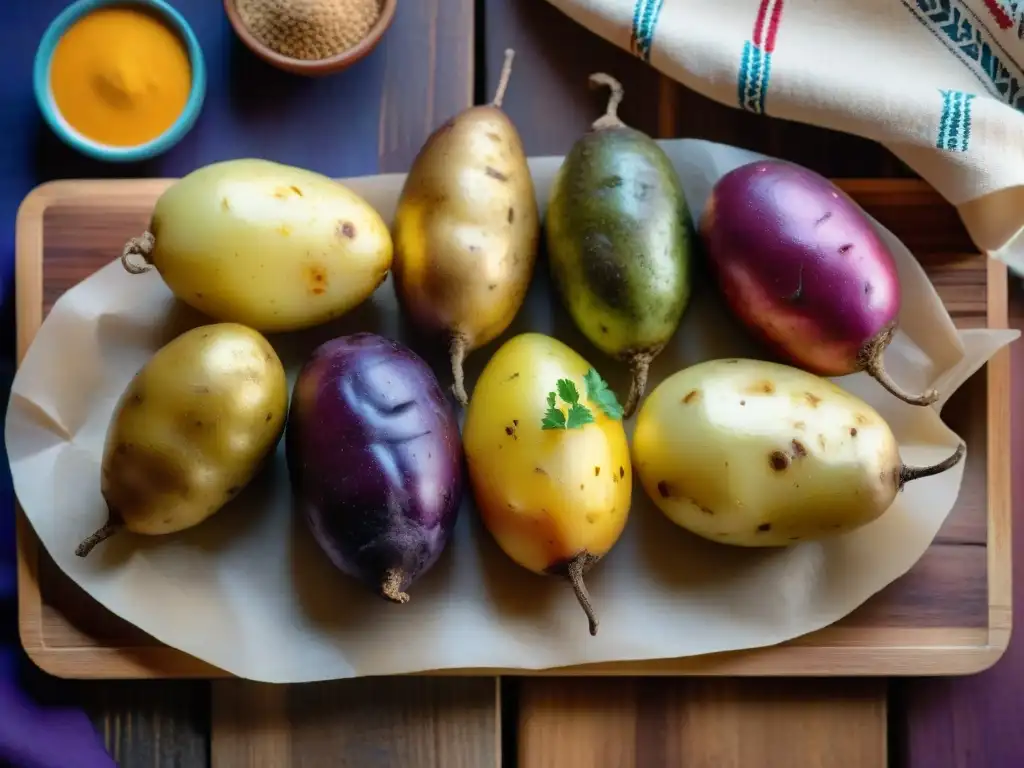 Una diversidad de papas peruanas en una mesa de madera, resaltando su color y textura