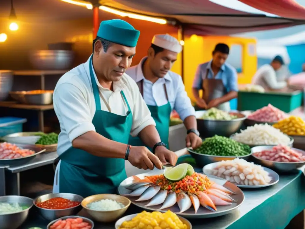 Fotografía documental de un mercado pesquero peruano al amanecer, donde se prepara ceviche fresco