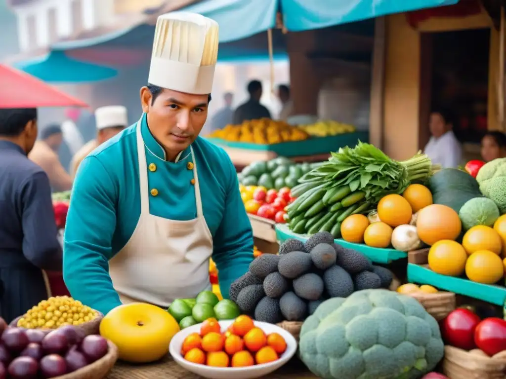 Documentales gastronomía peruana películas: Mercado peruano bullicioso con colores vibrantes y chef preparando plato tradicional