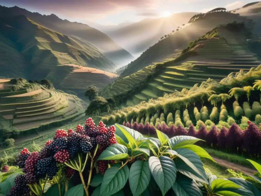 Amanecer dorado en valle peruano con saúcos maduros