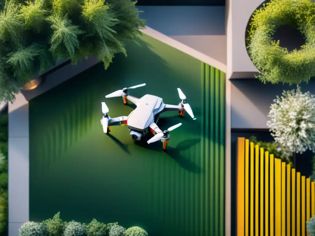 Un dron futurista desciende hacia un patio trasero rodeado de vegetación, entregando ingredientes autóctonos al atardecer