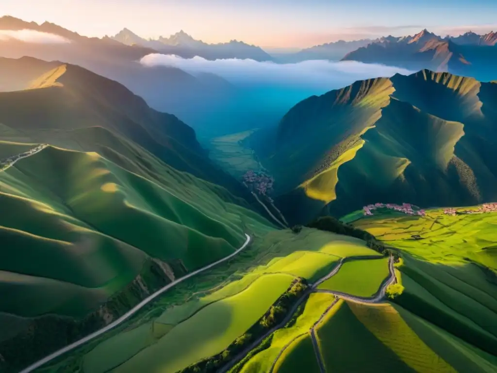 Un dron moderno surcando los majestuosos Andes al amanecer, entregando ingredientes autóctonos