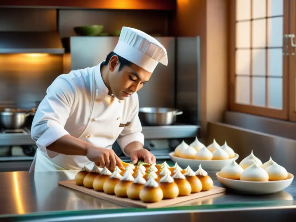 Dulces peruanos fusionados internacionalmente: Un chef pastelero peruano crea un postre único con influencias internacionales en una cocina luminosa