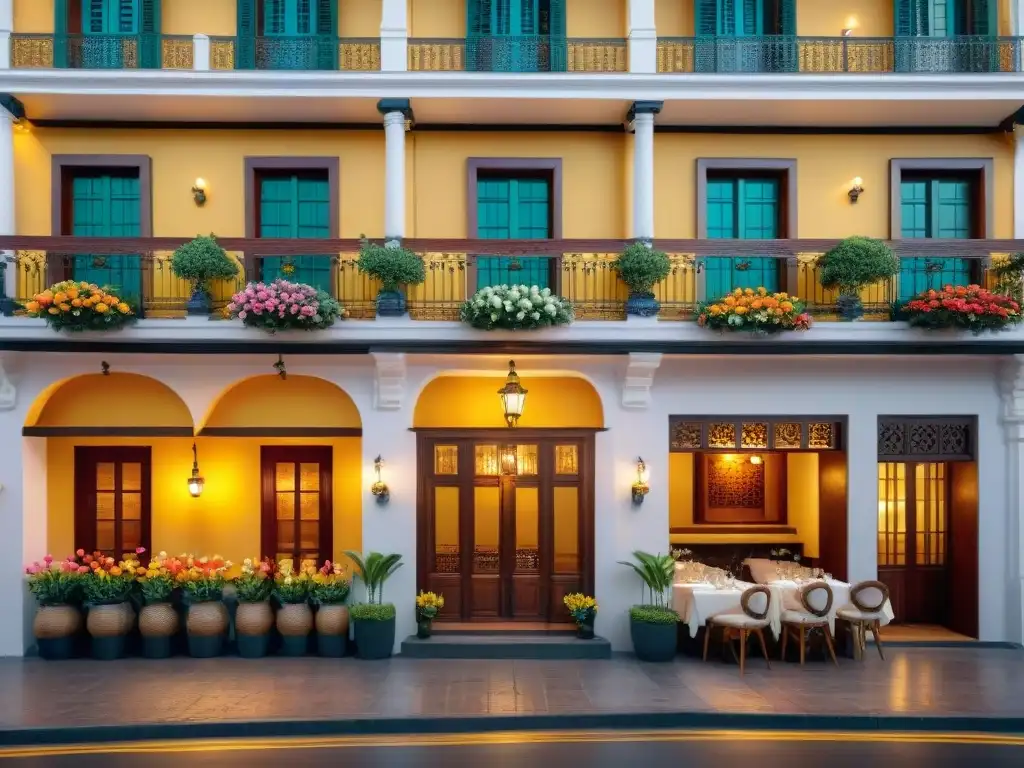 Edificio colonial de Astrid y Gastón en Lima, con balcones de madera y flores coloridas