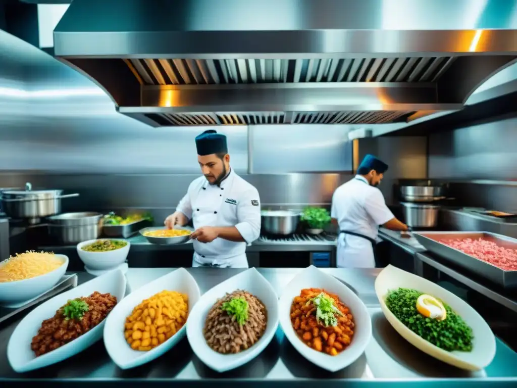 Eficiencia y autenticidad en cocinas modulares para restaurantes peruanos, chefs preparando ceviche y lomo saltado