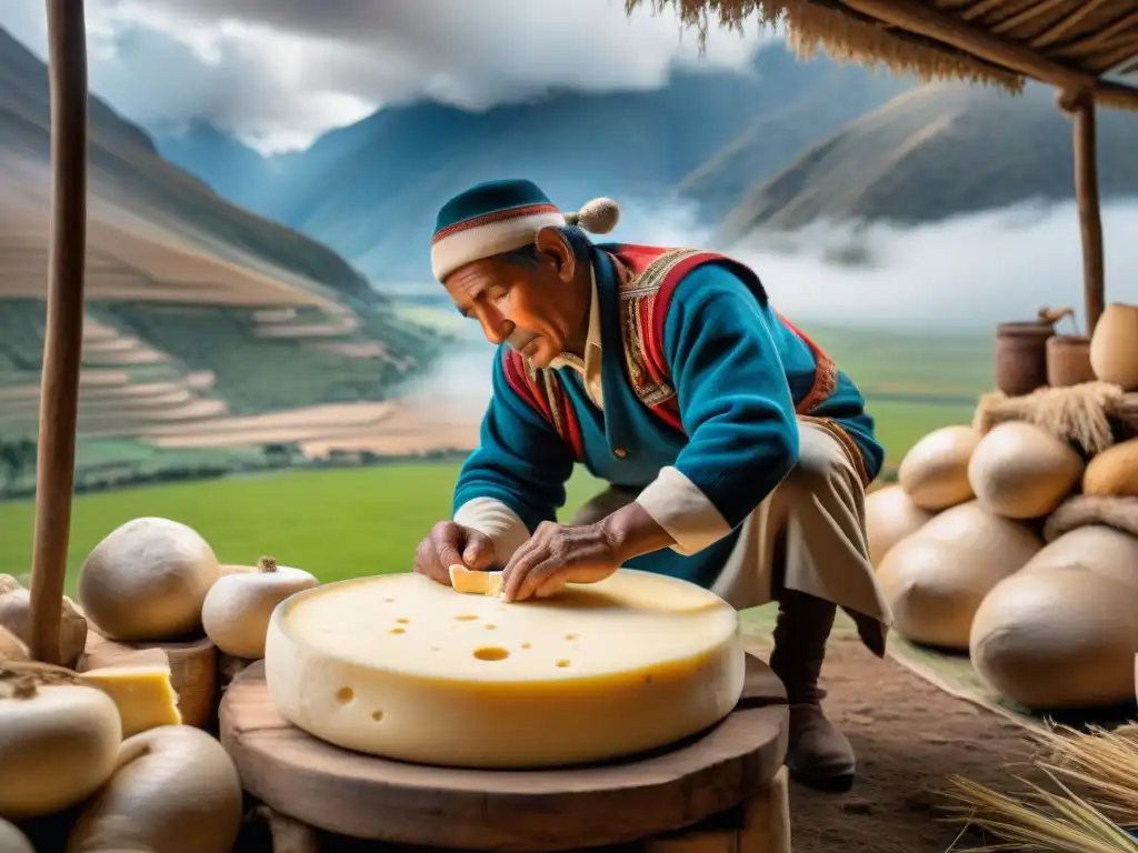 Elaboración artesanal de queso andino en Perú: artesanos andinos moldeando queso en un rústico granero entre montañas peruanas