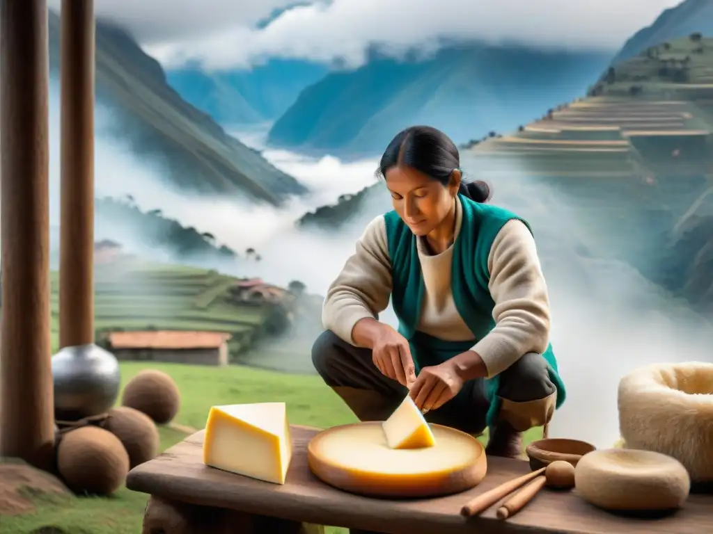 Elaboración artesanal de queso andino en Perú: artesano cuidadosamente moldeando queso con montañas neblinosas de fondo