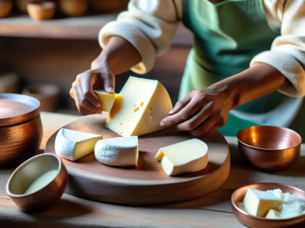 Elaboración artesanal de queso andino en un taller rústico iluminado por el sol, resaltando la destreza de artesanos peruanos