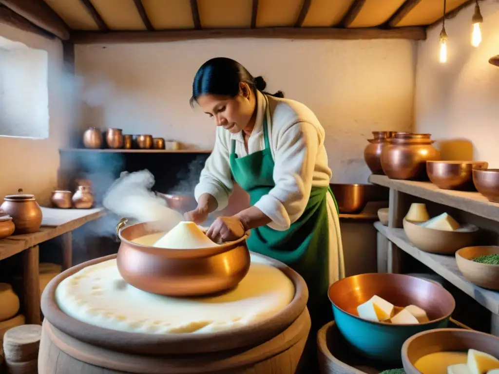 Elaboración artesanal de queso andino en Perú: artesano peruano remueve leche en olla de cobre en cocina rústica