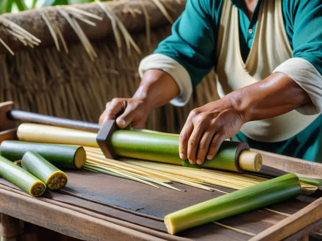 Elaboración del Warapo en Perú: Artesano peruano exprimiendo caña de azúcar en prensa de madera tradicional, con destreza y pasión