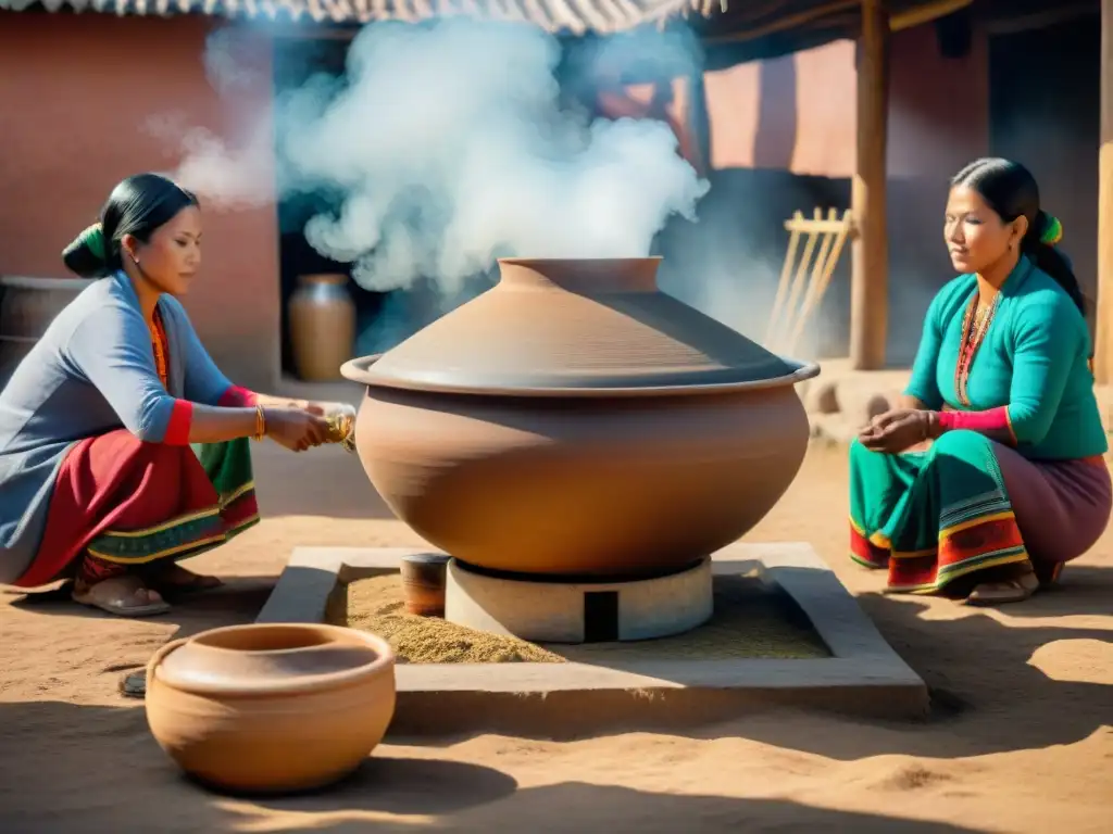 Elaboración tradicional de Chicha de Jora fermentación por artesanas peruanas en ambiente rústico soleado