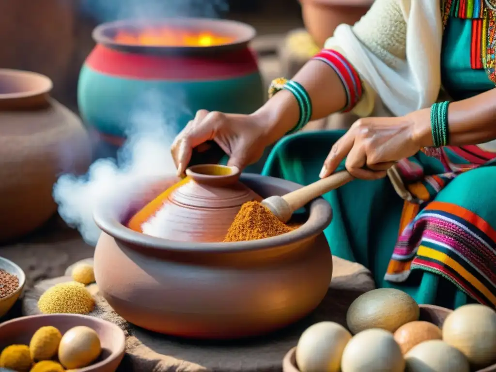 Elaboración tradicional de Chicha de Jora fermentación por mujer peruana en atuendo colorido