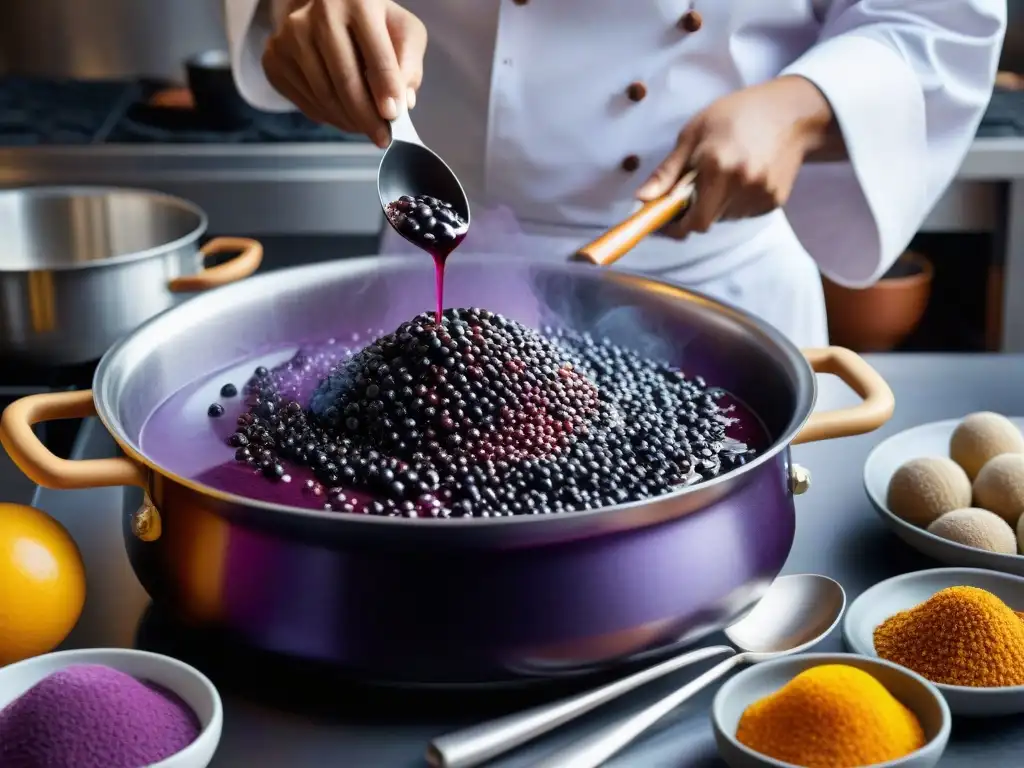 Elaboración tradicional de Mazamorra Morada en cocina moderna, chef mezcla el postre morado en olla