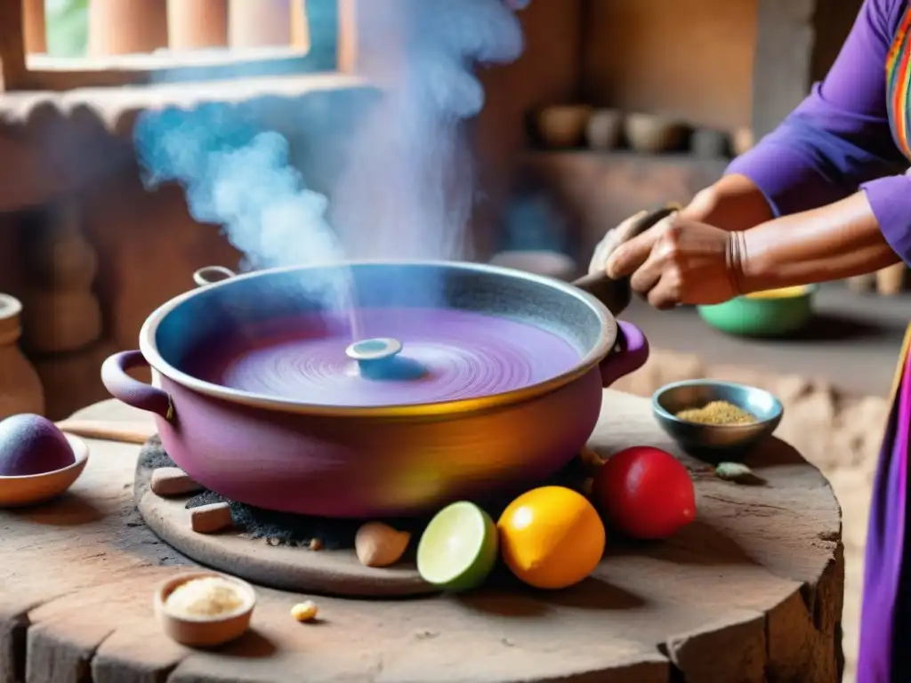 Elaboración tradicional de mazamorra morada por mujer peruana en vestimenta indígena colorida en cocina rústica