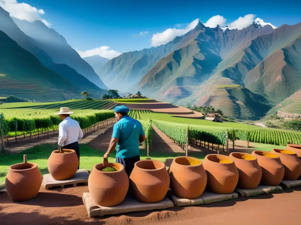 Elaborada destilería peruana rodeada de viñedos verdes, trabajadores seleccionando frutas y hierbas para piscos aromatizados con ingredientes autóctonos, bajo cielo azul y montañas Andinas imponentes