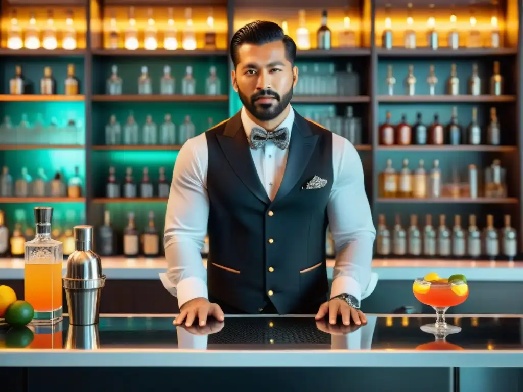 Un elegante barman mezclando pisco en una estación profesional, con botellas de licores premium y frutas frescas