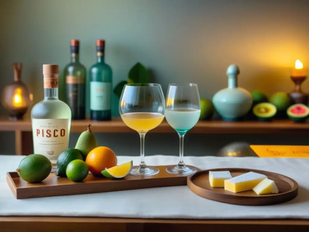 Una elegante Cata de Pisco en casa: mesa organizada con botellas, copas, aperitivos y notas de cata, en un ambiente cálido y sofisticado