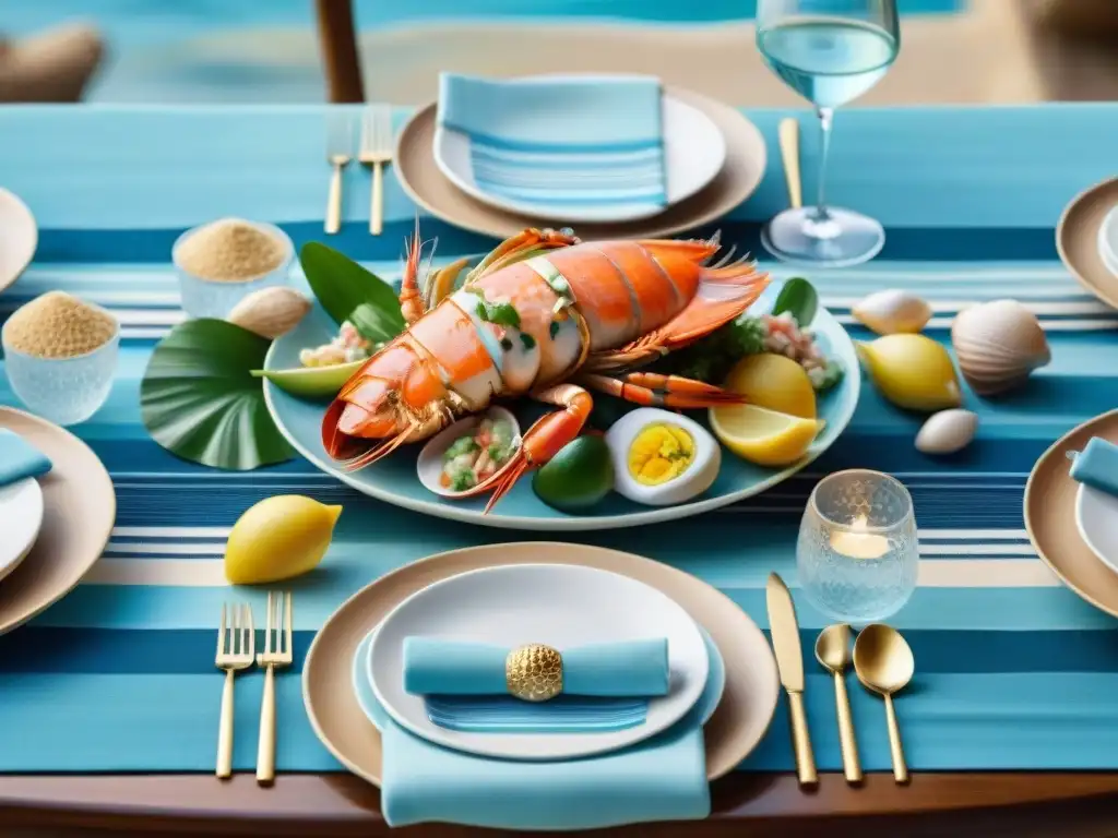 Decoración elegante cena pescados mariscos estilo peruano en mesa festiva