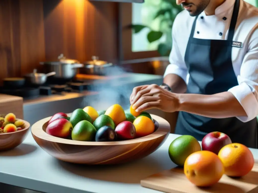 Elegante chef seleccionando aguaymanto en cocina moderna, con luz natural