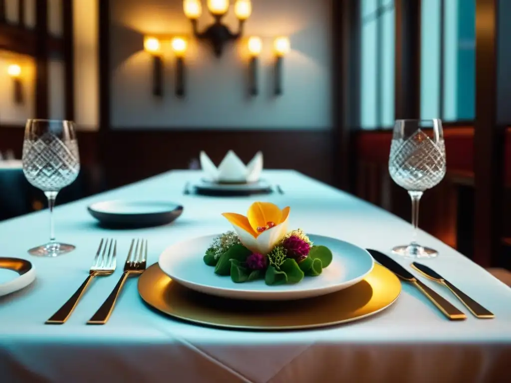 Elegante mesa de restaurante exclusivo en Lima con vajilla fina, cubiertos brillantes y centros florales bajo luz ambiental suave