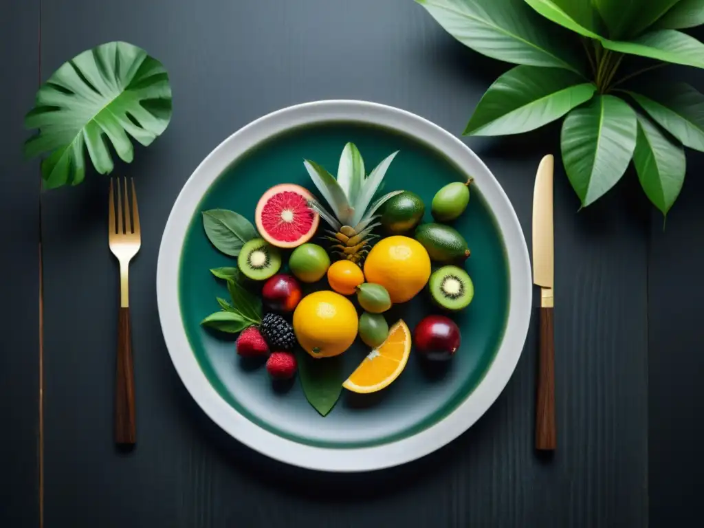 Una elegante presentación de cocina selva con ingredientes autóctonos en una plato blanco sobre una mesa de madera oscura