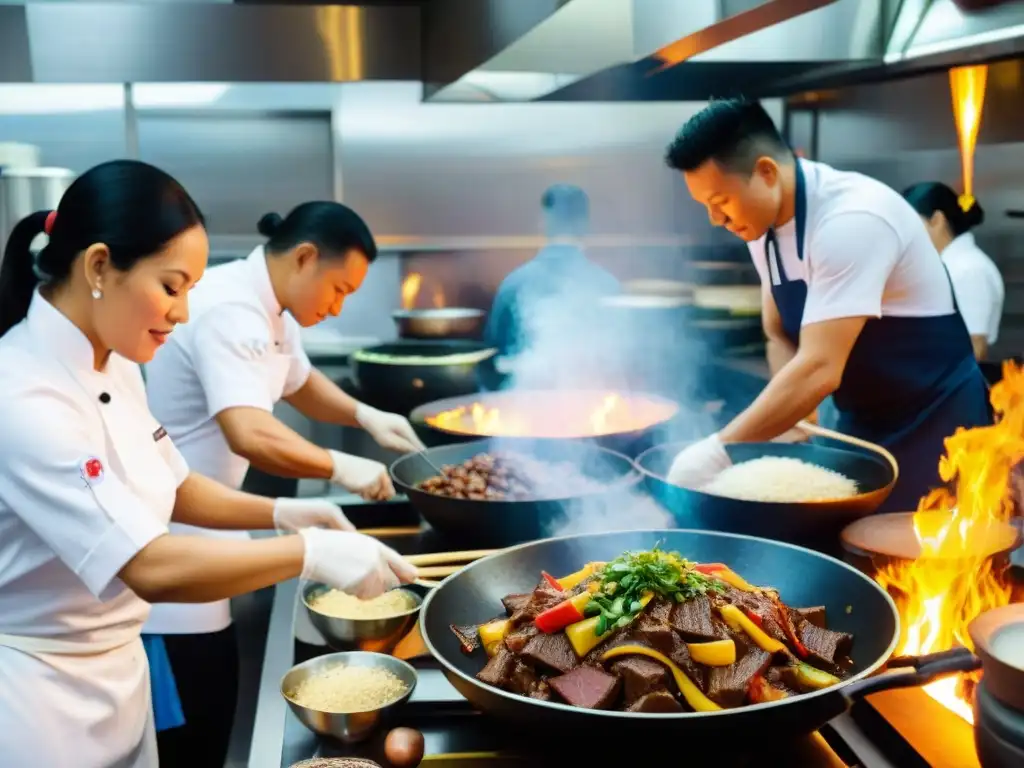 Una emocionante escena de cocina peruana y china, con chefs trabajando en armonía en la preparación de lomo saltado