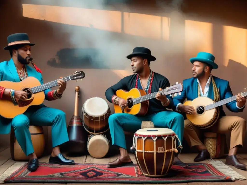 Un emocionante espectáculo de música afroperuana con músicos tocando instrumentos tradicionales, fusionando influencias africanas y peruanas