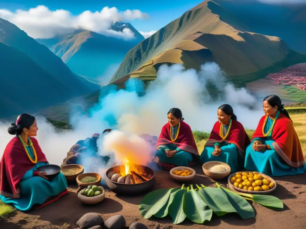 Una emotiva ceremonia gastronómica Andina de Pachamanca en las alturas, con colores vibrantes y paisaje andino