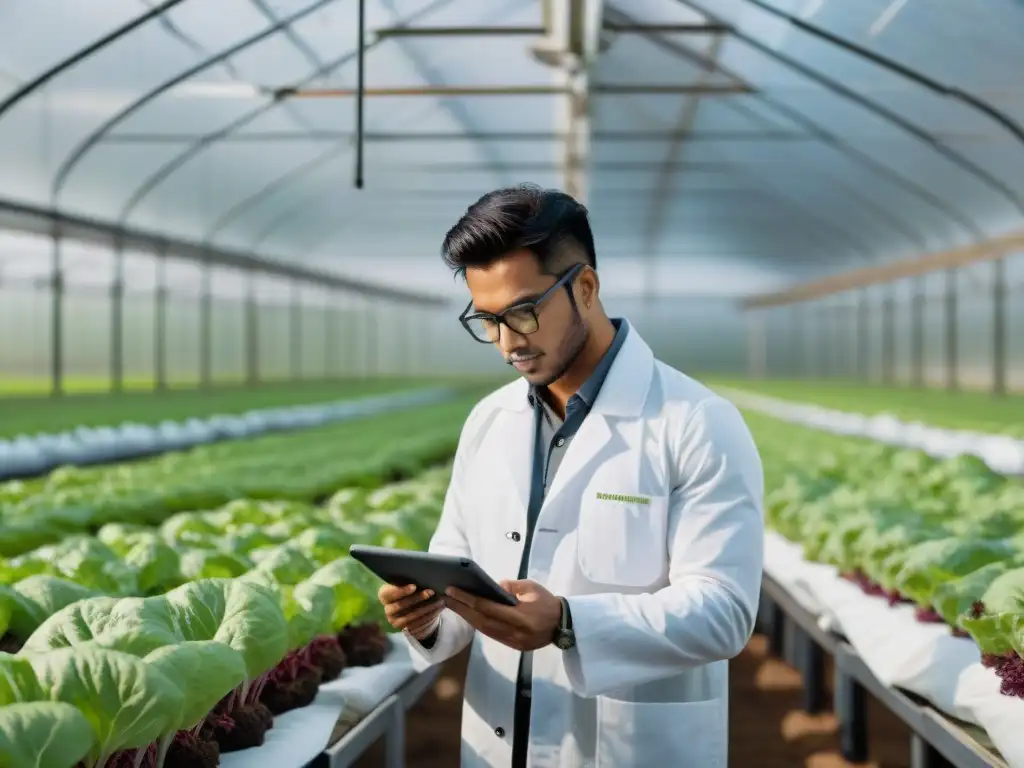 Un emprendedor peruano inspecciona lechugas hidropónicas en un invernadero moderno, fusionando tradición con innovación