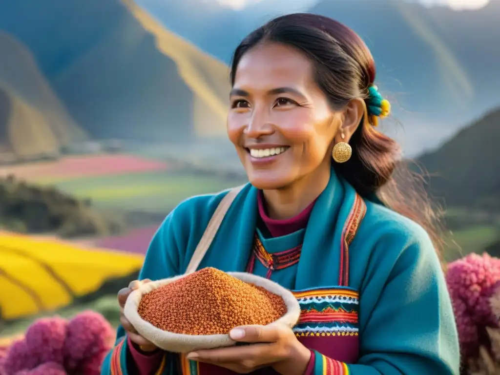 Emprendedora andina en campos de quinua y kiwicha, con los Andes de fondo