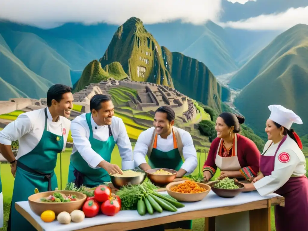 Un encuentro de chefs peruanos en una mesa llena de platillos coloridos, rodeados de naturaleza, destacando iniciativas gastronómicas cambio climático