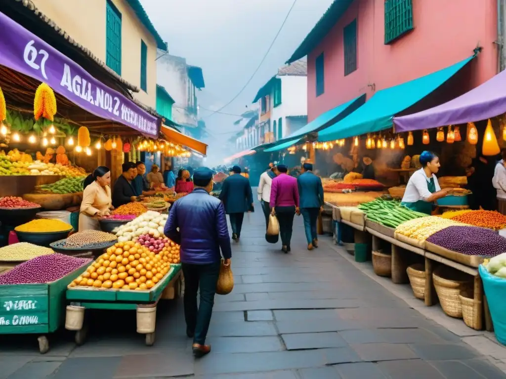 La energía vibrante de la cocina callejera peruana en un mercado lleno de ingredientes autóctonos coloridos