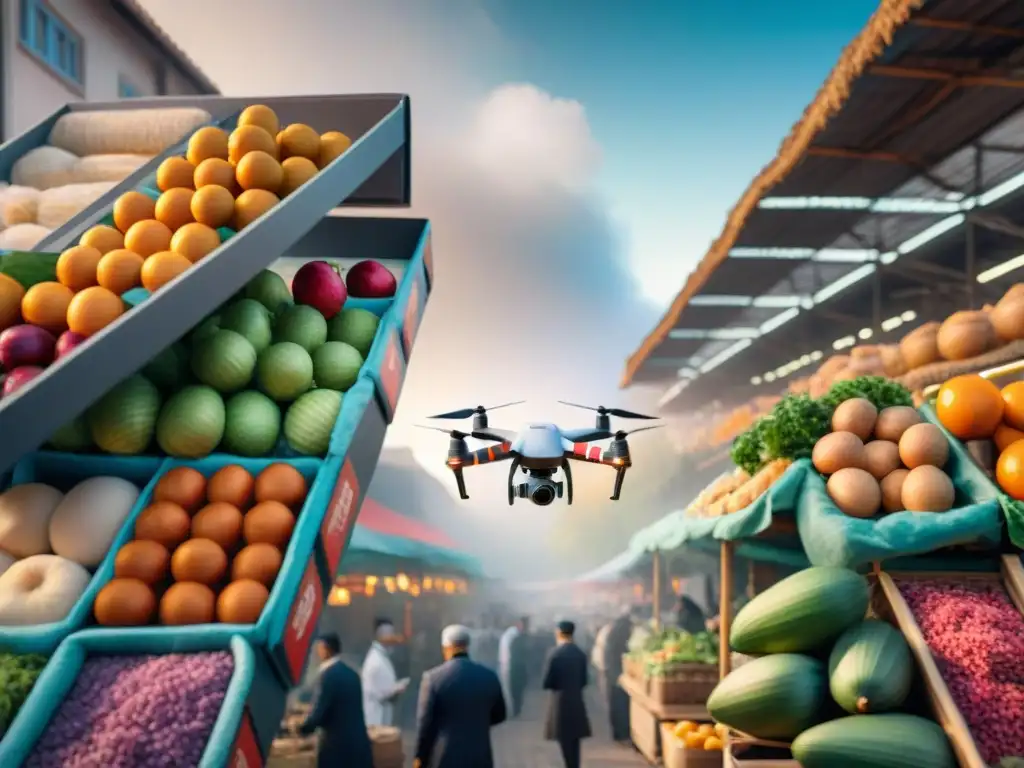 Un enjambre de drones entregando ingredientes autóctonos en un mercado vibrante