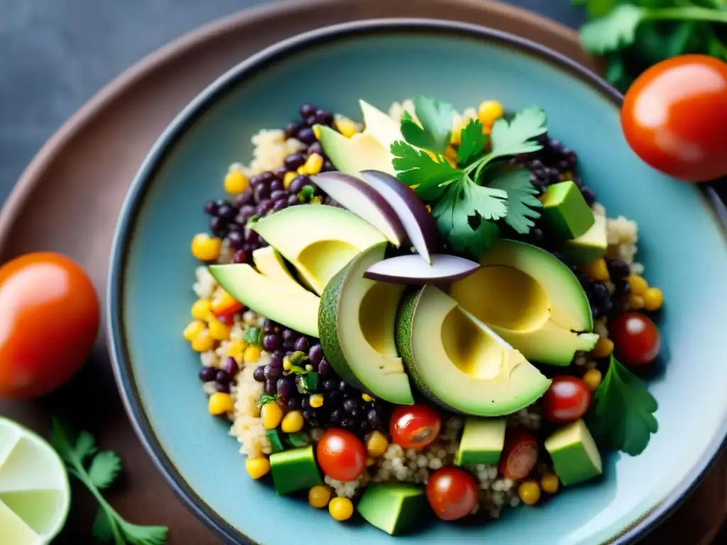 Una ensalada peruana de quinua vibrante, con ingredientes coloridos como maíz morado, aguacate, tomate y cilantro en un plato de cerámica peruana