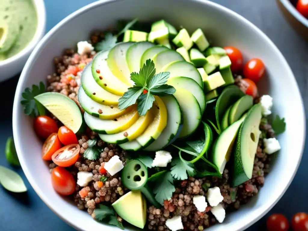 Deléitate con una ensalada peruana de quinua vibrante, llena de colores y sabores frescos