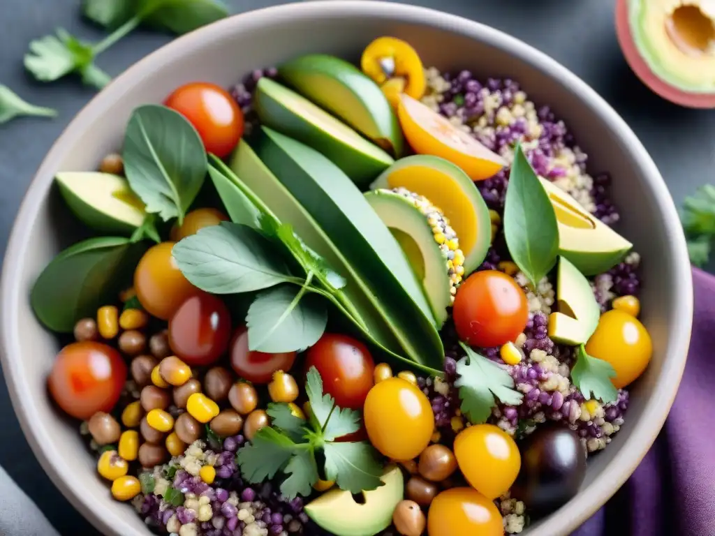 Una ensalada peruana vibrante con ingredientes autóctonos de la cocina peruana: quinua, maíz morado, aguacate y cilantro fresco con aderezo de limón