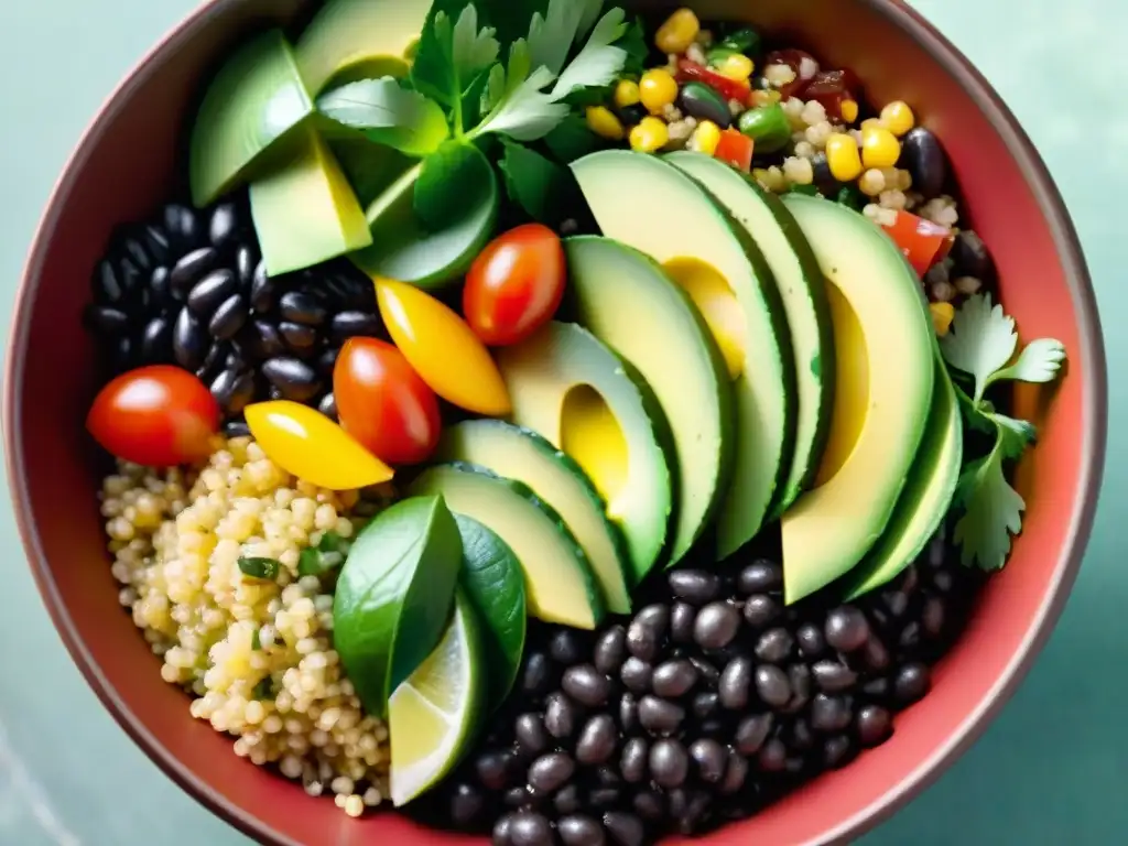 Ensalada de quinua colorida con ingredientes frescos