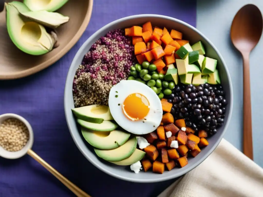 Una ensalada de quinua vibrante y colorida con superalimentos peruanos, sobre textil tradicional