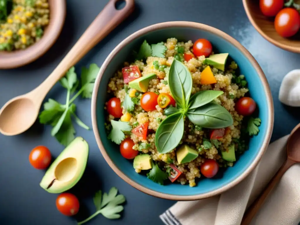 Una ensalada vibrante de quinua, tomate, aguacate y cilantro