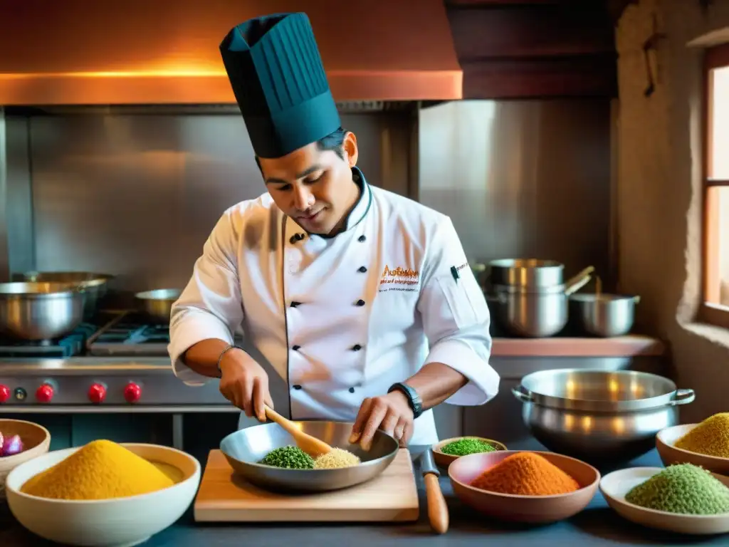 Envuelto en la armonía de la cocina peruana tradicional contemporánea Sierra, un chef prepara una deliciosa fusión de sabores